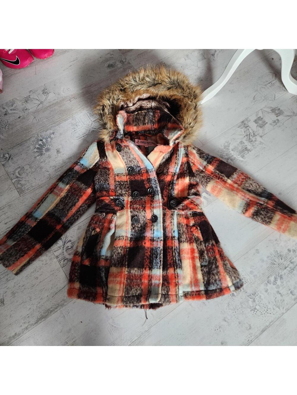 Urban Republic Plaid Hooded Wool Blend Coat Faux Fur Trim Girls LKNW 8